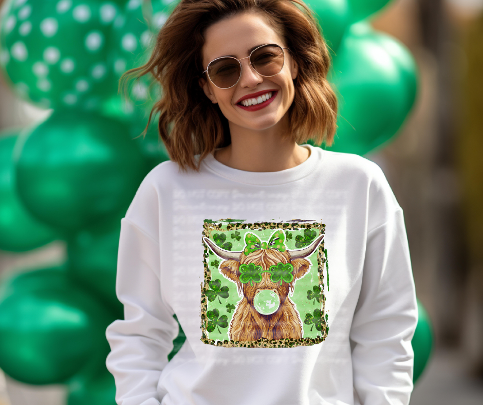 Lucky Highland Cow St. Patrick’s Day Sweatshirt – Shamrock Western Graphic Crewneck